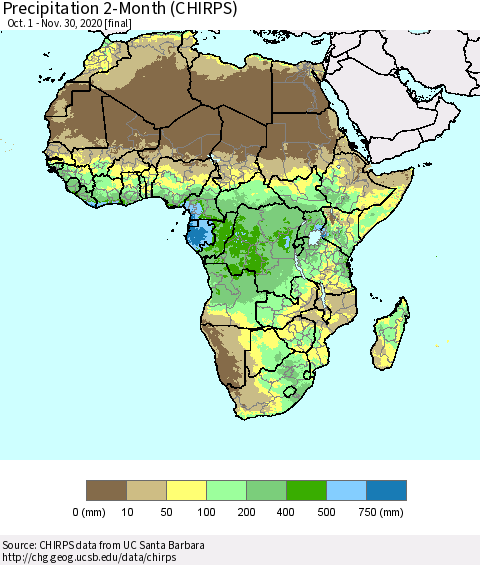 Africa Precipitation 2-Month (CHIRPS) Thematic Map For 10/1/2020 - 11/30/2020