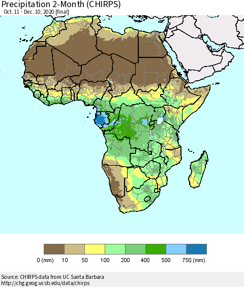 Africa Precipitation 2-Month (CHIRPS) Thematic Map For 10/11/2020 - 12/10/2020