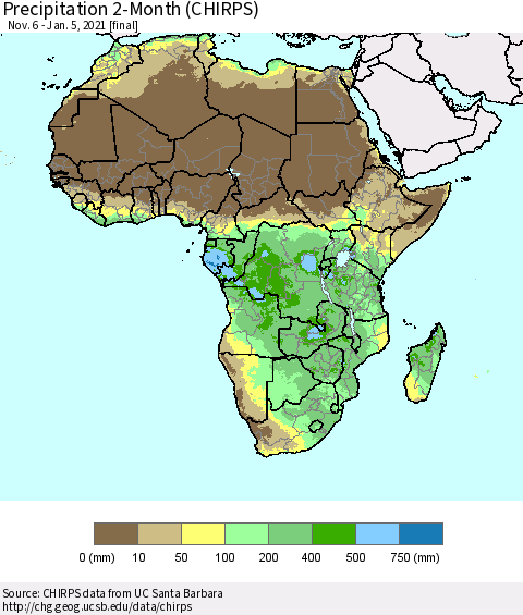 Africa Precipitation 2-Month (CHIRPS) Thematic Map For 11/6/2020 - 1/5/2021