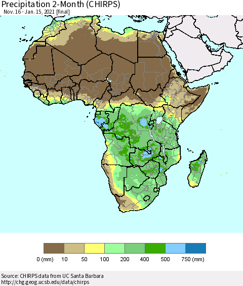 Africa Precipitation 2-Month (CHIRPS) Thematic Map For 11/16/2020 - 1/15/2021