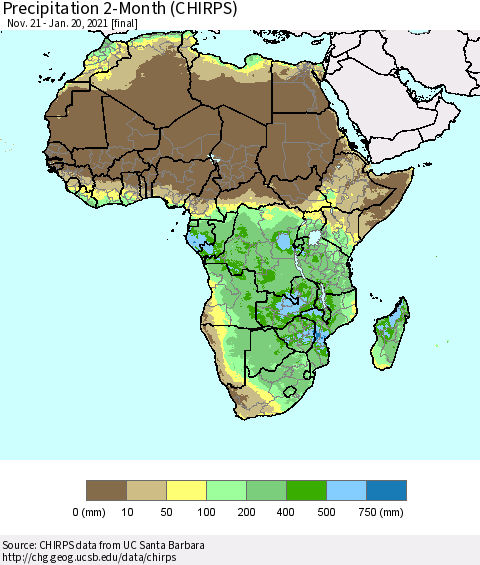 Africa Precipitation 2-Month (CHIRPS) Thematic Map For 11/21/2020 - 1/20/2021