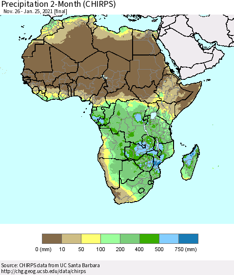 Africa Precipitation 2-Month (CHIRPS) Thematic Map For 11/26/2020 - 1/25/2021