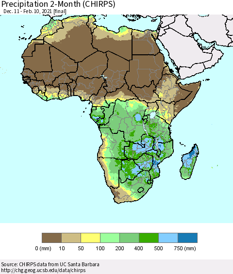 Africa Precipitation 2-Month (CHIRPS) Thematic Map For 12/11/2020 - 2/10/2021