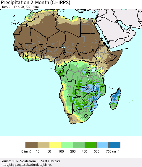 Africa Precipitation 2-Month (CHIRPS) Thematic Map For 12/21/2020 - 2/20/2021