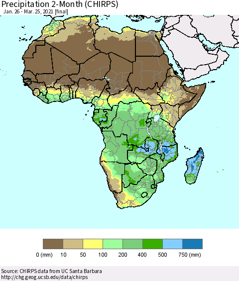 Africa Precipitation 2-Month (CHIRPS) Thematic Map For 1/26/2021 - 3/25/2021