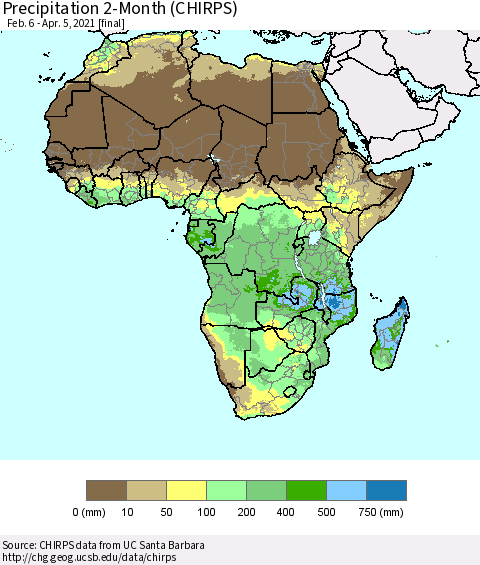 Africa Precipitation 2-Month (CHIRPS) Thematic Map For 2/6/2021 - 4/5/2021