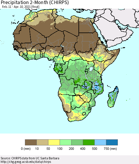 Africa Precipitation 2-Month (CHIRPS) Thematic Map For 2/11/2021 - 4/10/2021