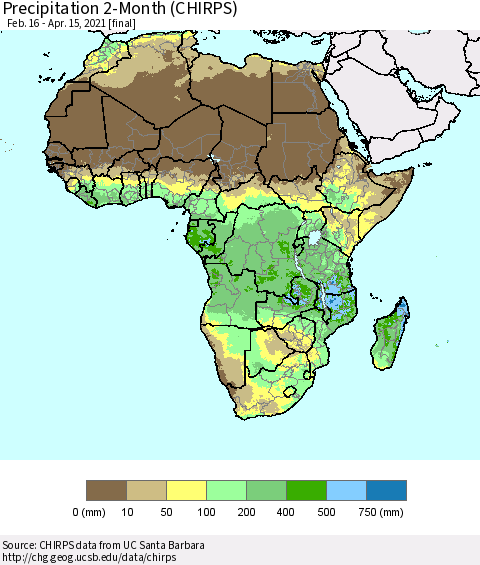 Africa Precipitation 2-Month (CHIRPS) Thematic Map For 2/16/2021 - 4/15/2021
