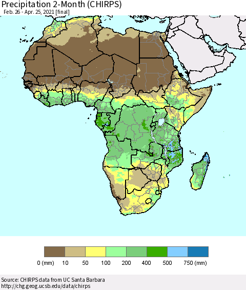 Africa Precipitation 2-Month (CHIRPS) Thematic Map For 2/26/2021 - 4/25/2021