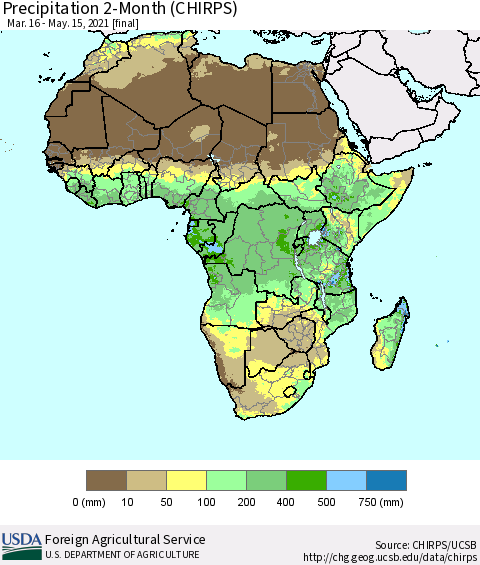 Africa Precipitation 2-Month (CHIRPS) Thematic Map For 3/16/2021 - 5/15/2021