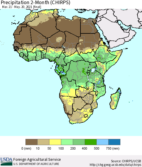 Africa Precipitation 2-Month (CHIRPS) Thematic Map For 3/21/2021 - 5/20/2021