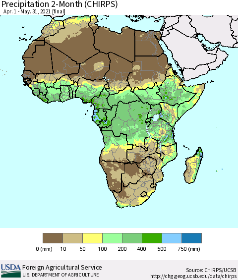 Africa Precipitation 2-Month (CHIRPS) Thematic Map For 4/1/2021 - 5/31/2021