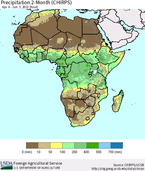 Africa Precipitation 2-Month (CHIRPS) Thematic Map For 4/6/2021 - 6/5/2021