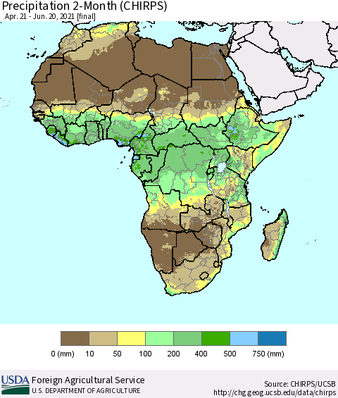 Africa Precipitation 2-Month (CHIRPS) Thematic Map For 4/21/2021 - 6/20/2021