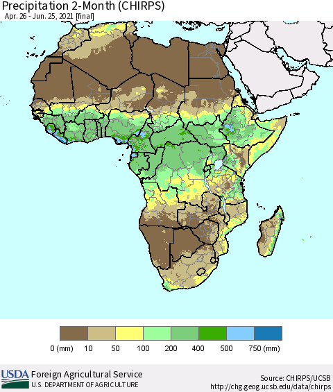 Africa Precipitation 2-Month (CHIRPS) Thematic Map For 4/26/2021 - 6/25/2021