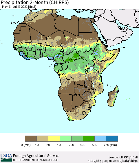 Africa Precipitation 2-Month (CHIRPS) Thematic Map For 5/6/2021 - 7/5/2021