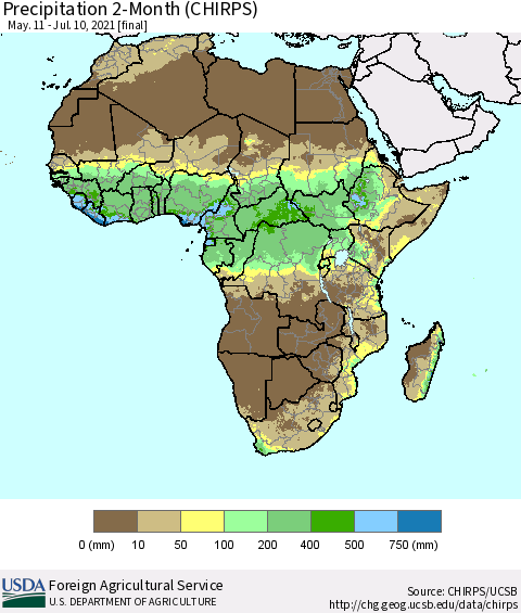 Africa Precipitation 2-Month (CHIRPS) Thematic Map For 5/11/2021 - 7/10/2021