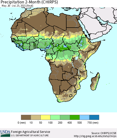 Africa Precipitation 2-Month (CHIRPS) Thematic Map For 5/26/2021 - 7/25/2021