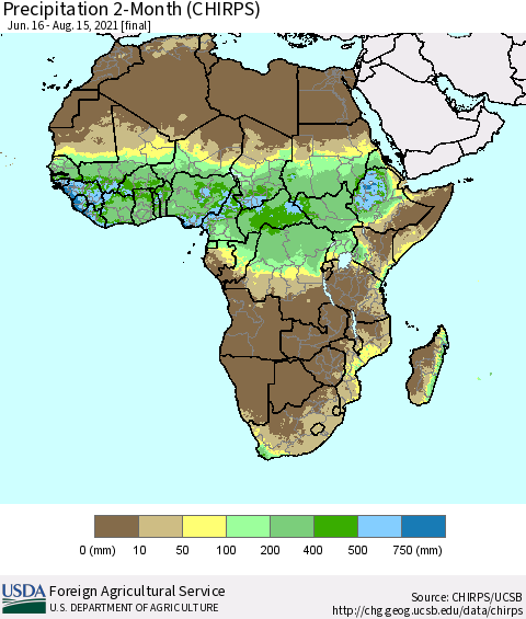 Africa Precipitation 2-Month (CHIRPS) Thematic Map For 6/16/2021 - 8/15/2021