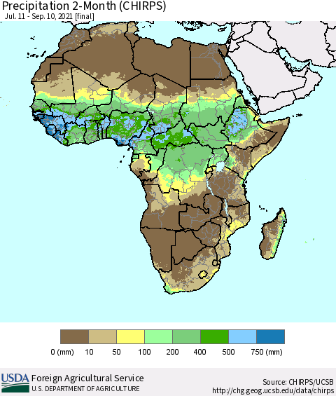 Africa Precipitation 2-Month (CHIRPS) Thematic Map For 7/11/2021 - 9/10/2021