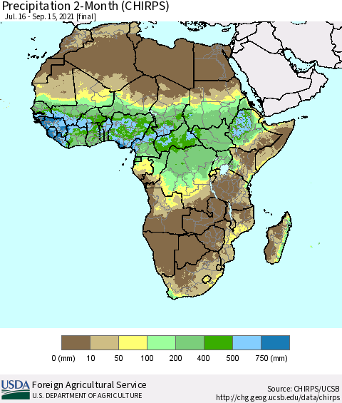 Africa Precipitation 2-Month (CHIRPS) Thematic Map For 7/16/2021 - 9/15/2021