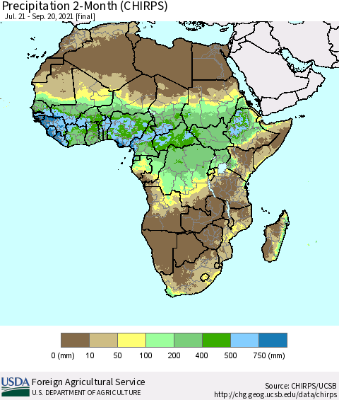 Africa Precipitation 2-Month (CHIRPS) Thematic Map For 7/21/2021 - 9/20/2021