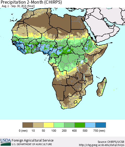 Africa Precipitation 2-Month (CHIRPS) Thematic Map For 8/1/2021 - 9/30/2021