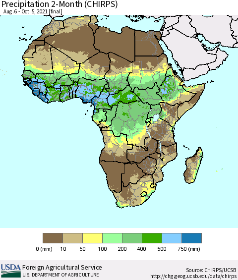 Africa Precipitation 2-Month (CHIRPS) Thematic Map For 8/6/2021 - 10/5/2021