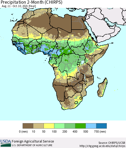 Africa Precipitation 2-Month (CHIRPS) Thematic Map For 8/11/2021 - 10/10/2021