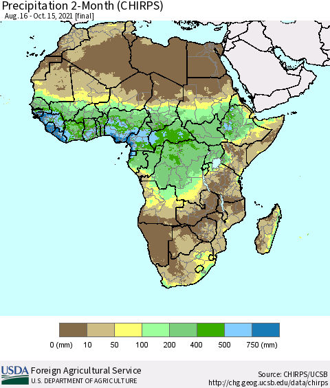 Africa Precipitation 2-Month (CHIRPS) Thematic Map For 8/16/2021 - 10/15/2021