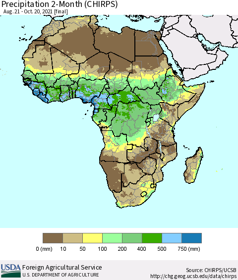 Africa Precipitation 2-Month (CHIRPS) Thematic Map For 8/21/2021 - 10/20/2021