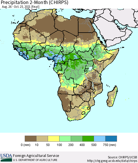 Africa Precipitation 2-Month (CHIRPS) Thematic Map For 8/26/2021 - 10/25/2021
