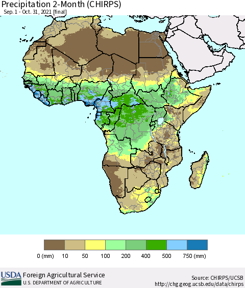 Africa Precipitation 2-Month (CHIRPS) Thematic Map For 9/1/2021 - 10/31/2021
