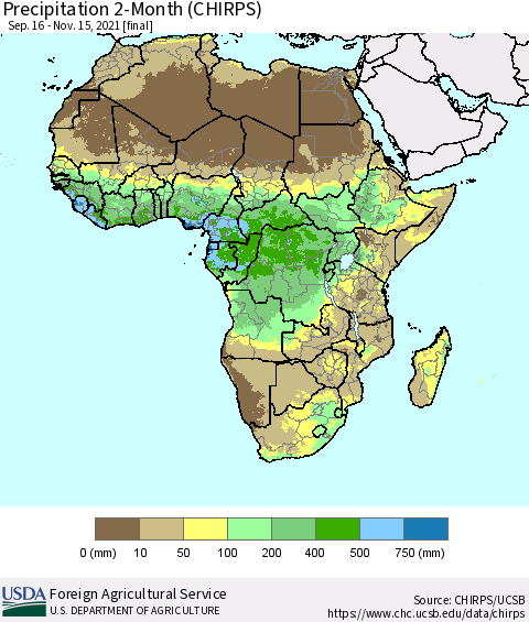 Africa Precipitation 2-Month (CHIRPS) Thematic Map For 9/16/2021 - 11/15/2021