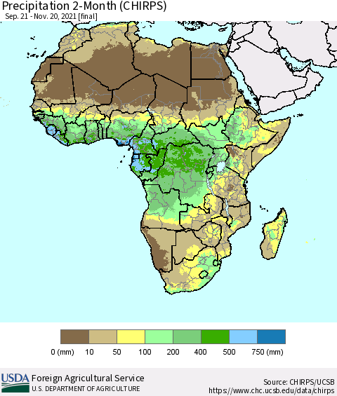 Africa Precipitation 2-Month (CHIRPS) Thematic Map For 9/21/2021 - 11/20/2021