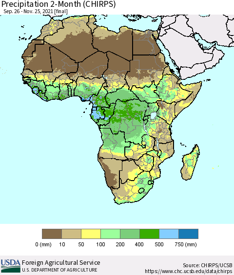 Africa Precipitation 2-Month (CHIRPS) Thematic Map For 9/26/2021 - 11/25/2021