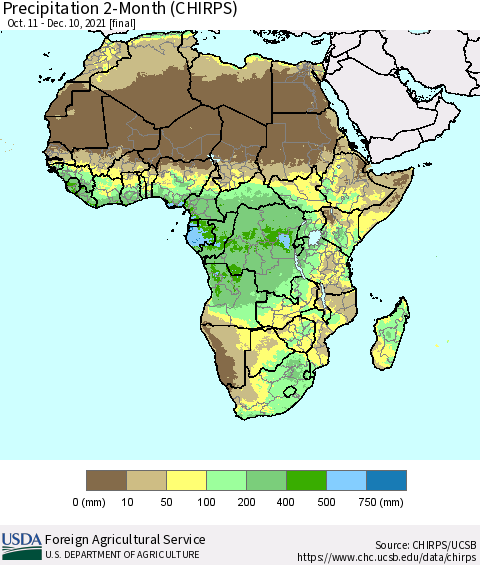 Africa Precipitation 2-Month (CHIRPS) Thematic Map For 10/11/2021 - 12/10/2021