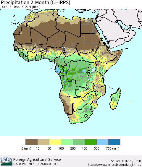 Africa Precipitation 2-Month (CHIRPS) Thematic Map For 10/16/2021 - 12/15/2021