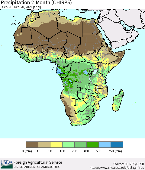 Africa Precipitation 2-Month (CHIRPS) Thematic Map For 10/21/2021 - 12/20/2021