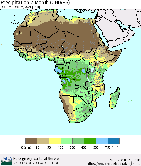 Africa Precipitation 2-Month (CHIRPS) Thematic Map For 10/26/2021 - 12/25/2021