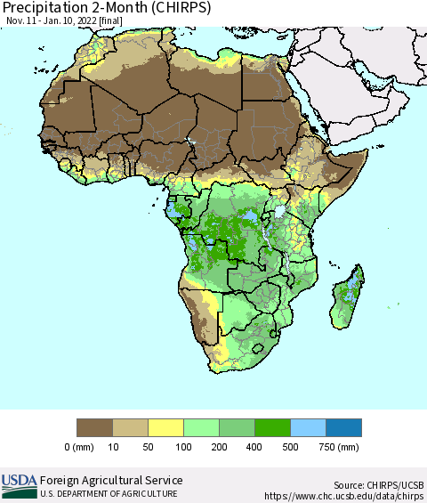Africa Precipitation 2-Month (CHIRPS) Thematic Map For 11/11/2021 - 1/10/2022