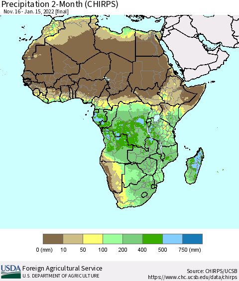 Africa Precipitation 2-Month (CHIRPS) Thematic Map For 11/16/2021 - 1/15/2022