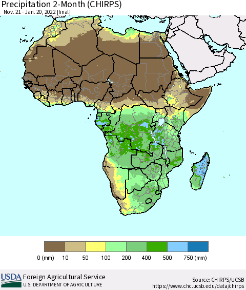 Africa Precipitation 2-Month (CHIRPS) Thematic Map For 11/21/2021 - 1/20/2022