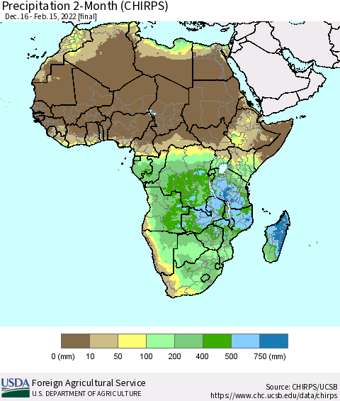 Africa Precipitation 2-Month (CHIRPS) Thematic Map For 12/16/2021 - 2/15/2022