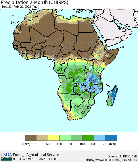 Africa Precipitation 2-Month (CHIRPS) Thematic Map For 12/21/2021 - 2/20/2022