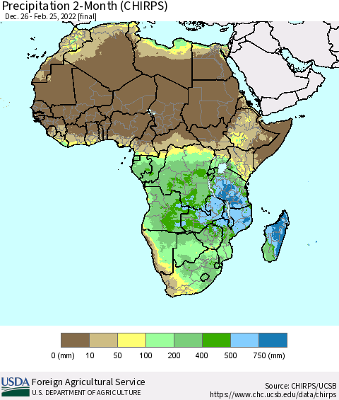 Africa Precipitation 2-Month (CHIRPS) Thematic Map For 12/26/2021 - 2/25/2022