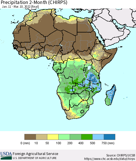 Africa Precipitation 2-Month (CHIRPS) Thematic Map For 1/11/2022 - 3/10/2022