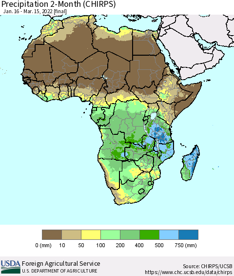 Africa Precipitation 2-Month (CHIRPS) Thematic Map For 1/16/2022 - 3/15/2022