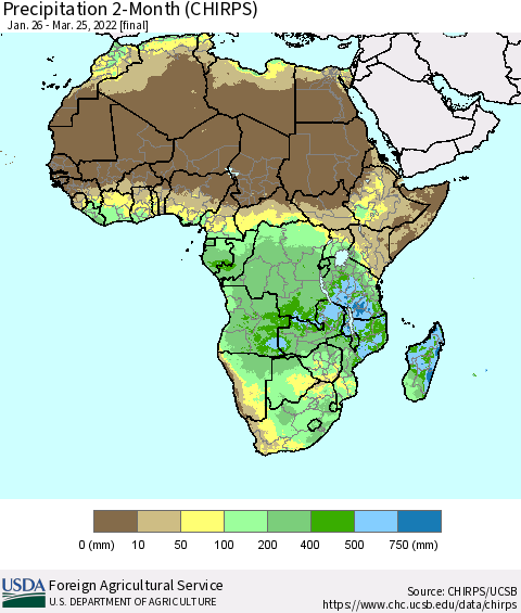 Africa Precipitation 2-Month (CHIRPS) Thematic Map For 1/26/2022 - 3/25/2022