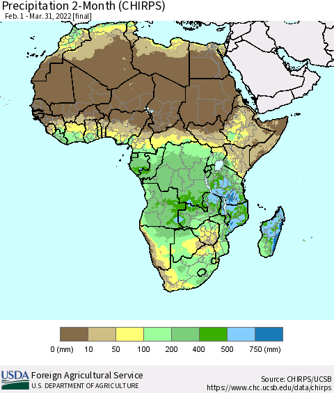 Africa Precipitation 2-Month (CHIRPS) Thematic Map For 2/1/2022 - 3/31/2022